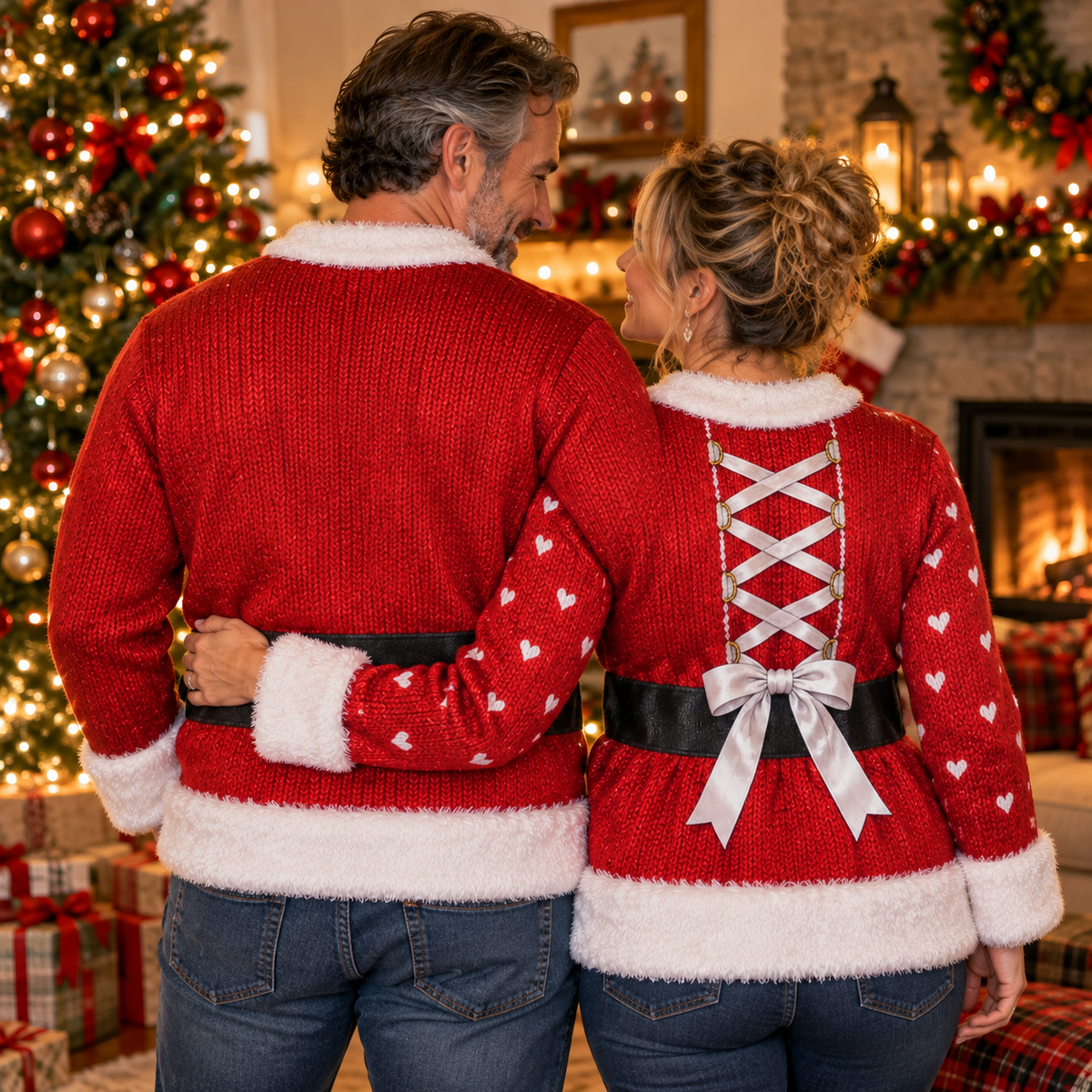 Back of the Mr. and Mrs. Claus couple ugly Christmas sweaters