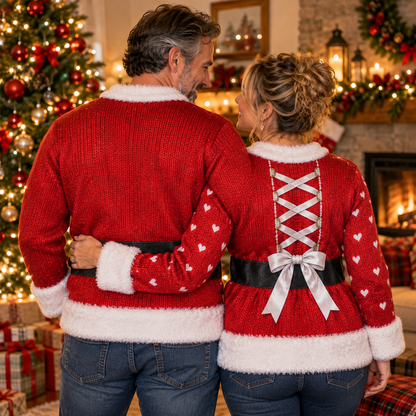 Back of the Mr. and Mrs. Claus couple ugly Christmas sweaters