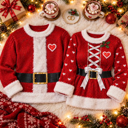 Him and Her Claus ugly Christmas sweaters laid flat