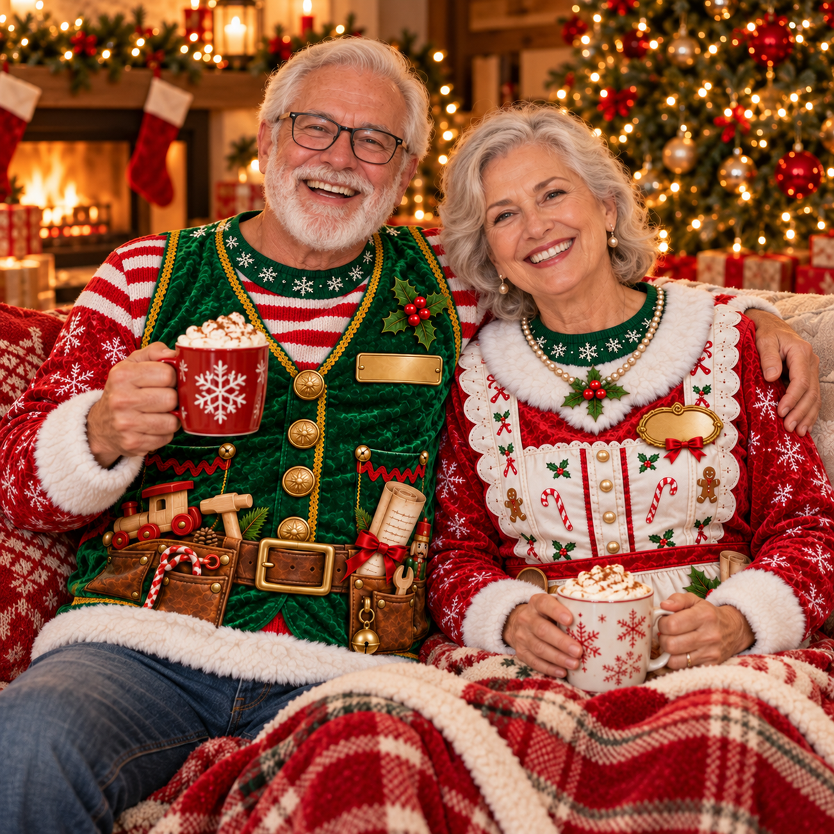 Grandpa and Grandma on the sofa in matching Christmas ugly sweaters