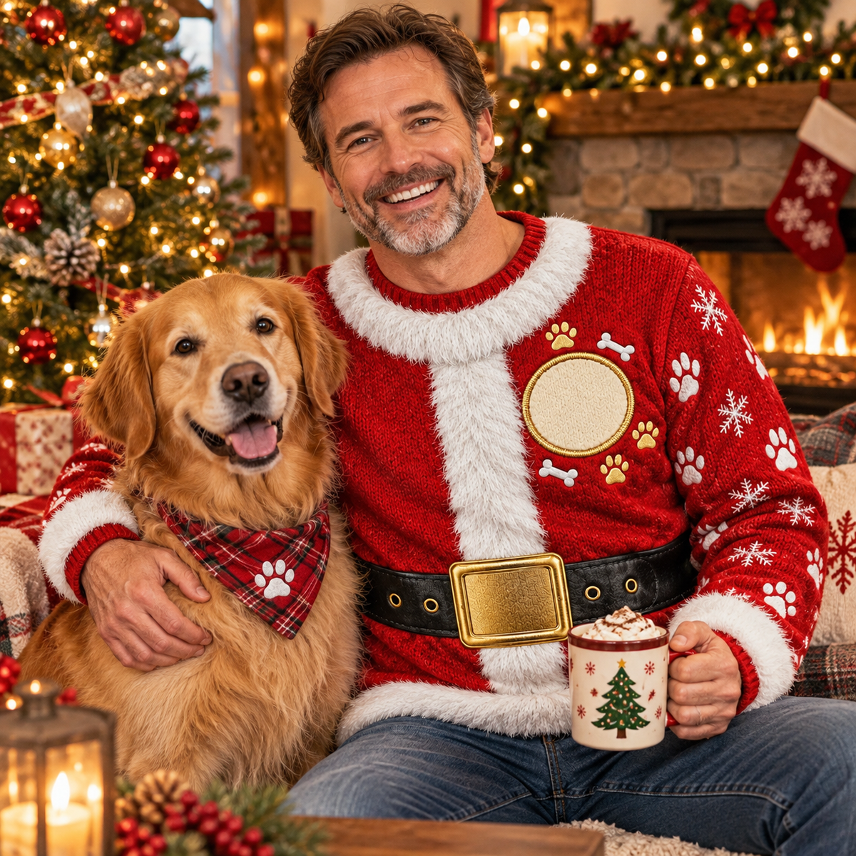 Dad wearing a Santa suit ugly Christmas sweater with his golden retriever in a cozy living room