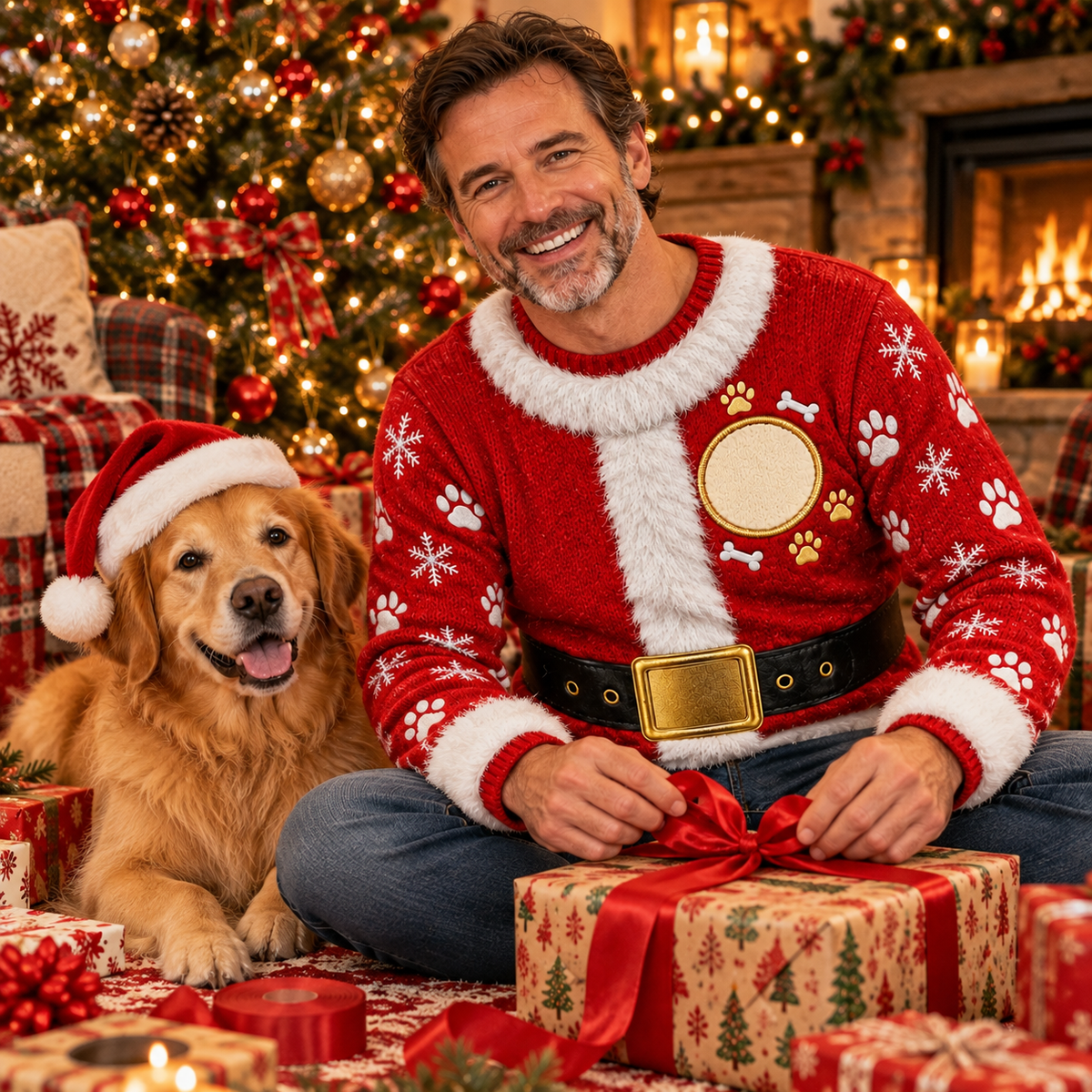 Wrapping a Santa suit ugly Christmas sweater as a gift with a golden retriever