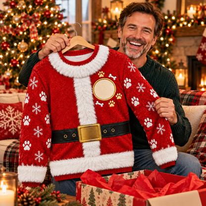 Opening a Santa suit ugly Christmas sweater as a Christmas gift