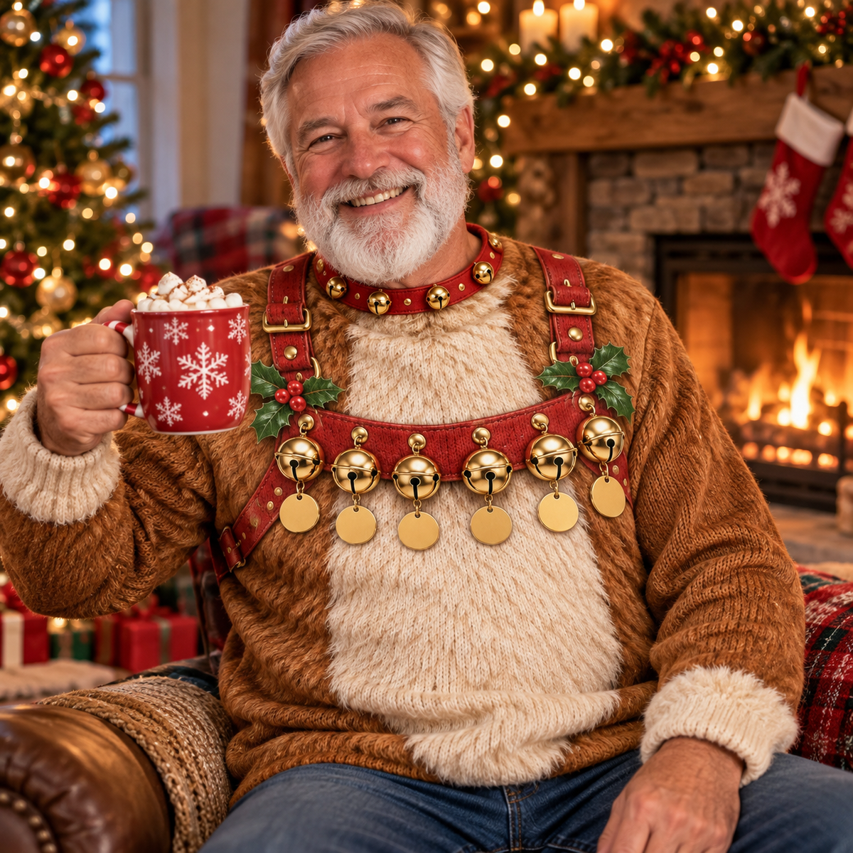 Grandpa wearing a reindeer harness ugly Christmas sweater holding a mug by the Christmas tree