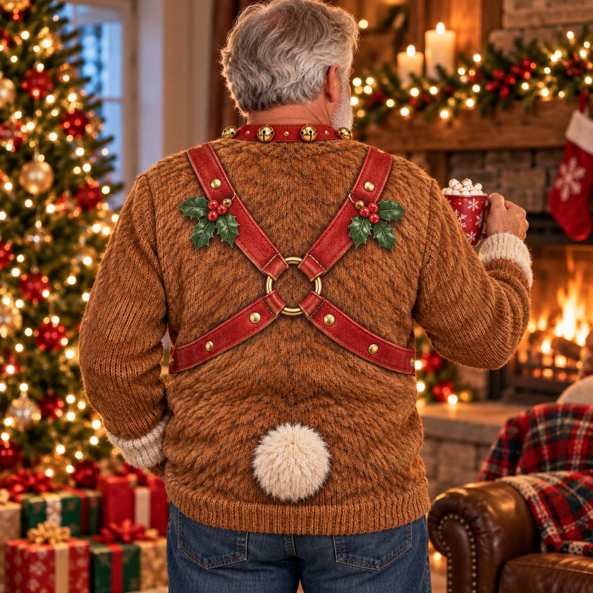 Back of the reindeer ugly Christmas sweater with fluffy tail and crossed harness straps