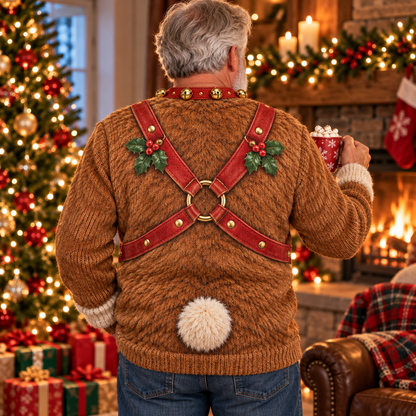 Back of the reindeer ugly Christmas sweater with fluffy tail and crossed harness straps
