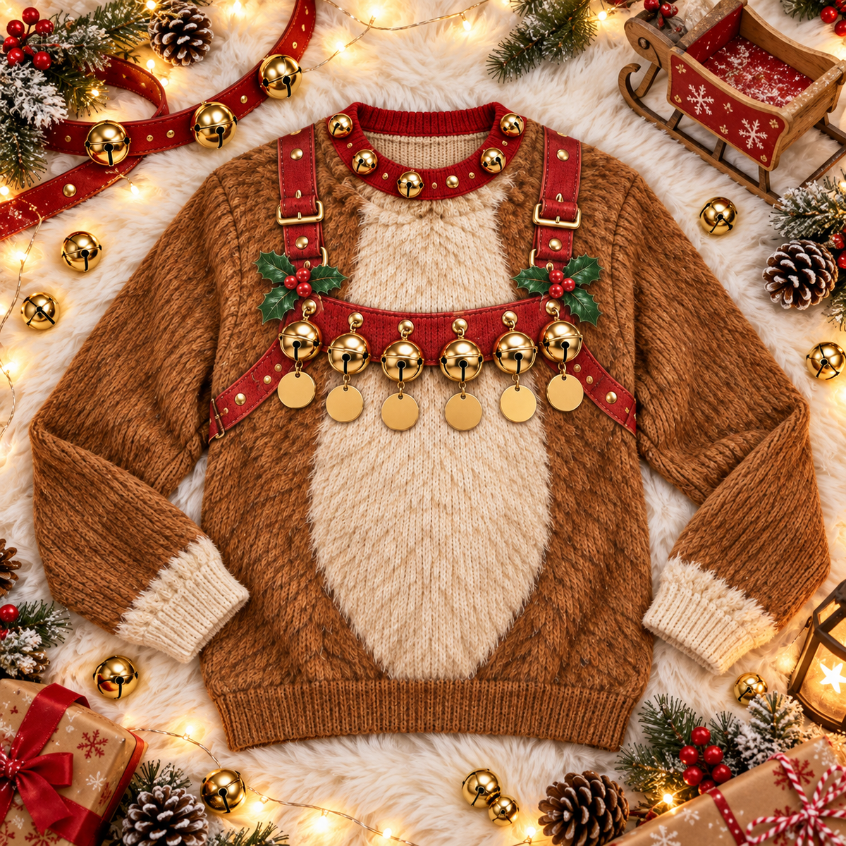 Reindeer harness ugly Christmas sweater laid flat with holiday decorations