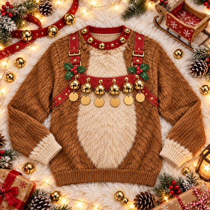 Reindeer harness ugly Christmas sweater laid flat with holiday decorations