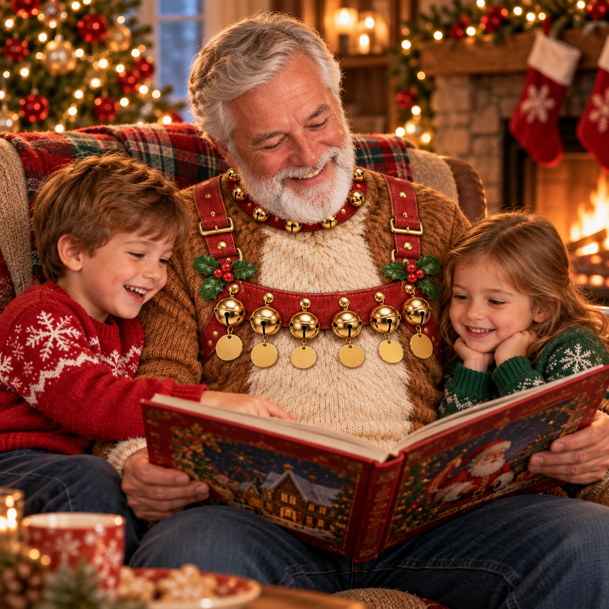 Grandpa in a reindeer ugly sweater reading a Christmas story to his grandkids