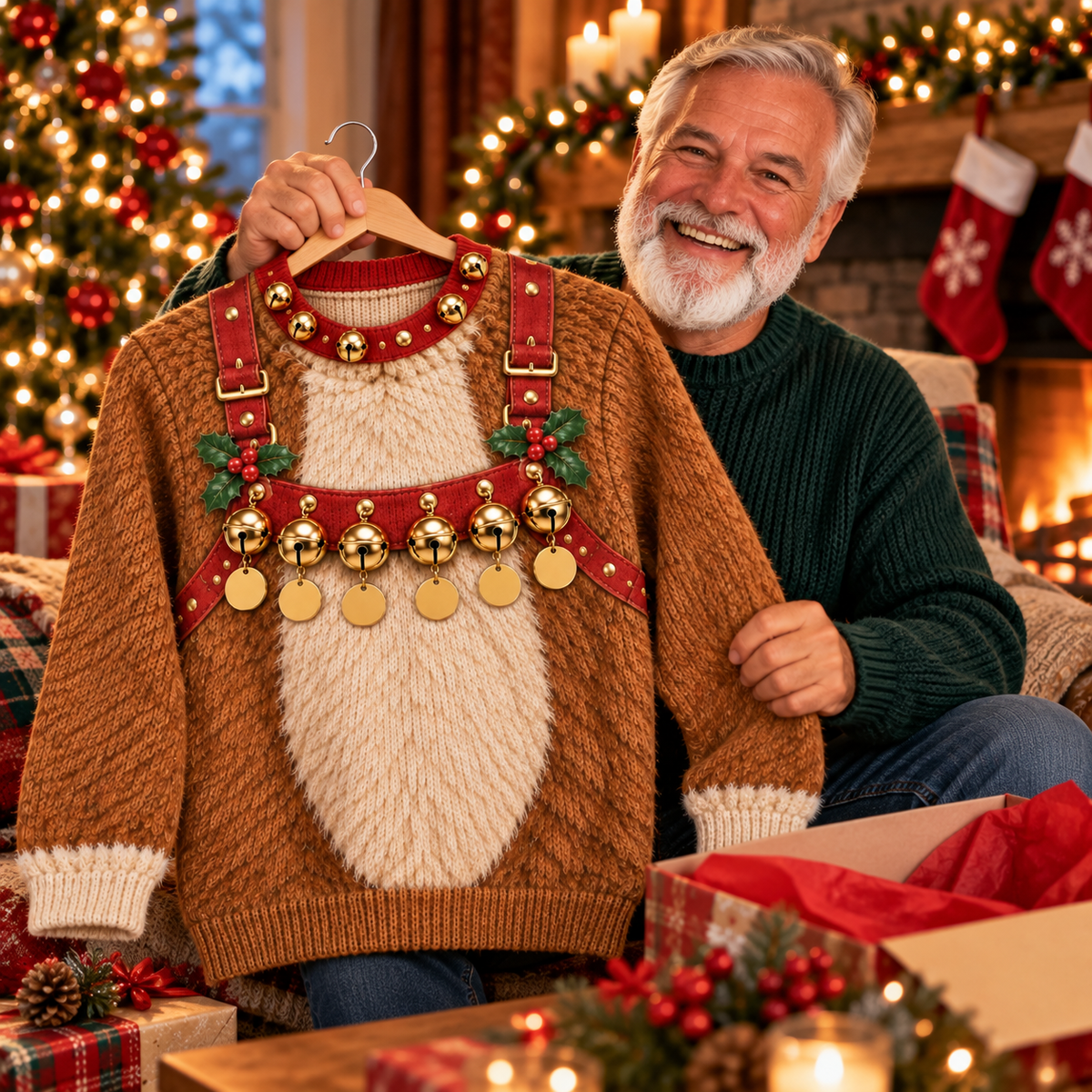 Opening a reindeer harness ugly Christmas sweater as a Christmas gift