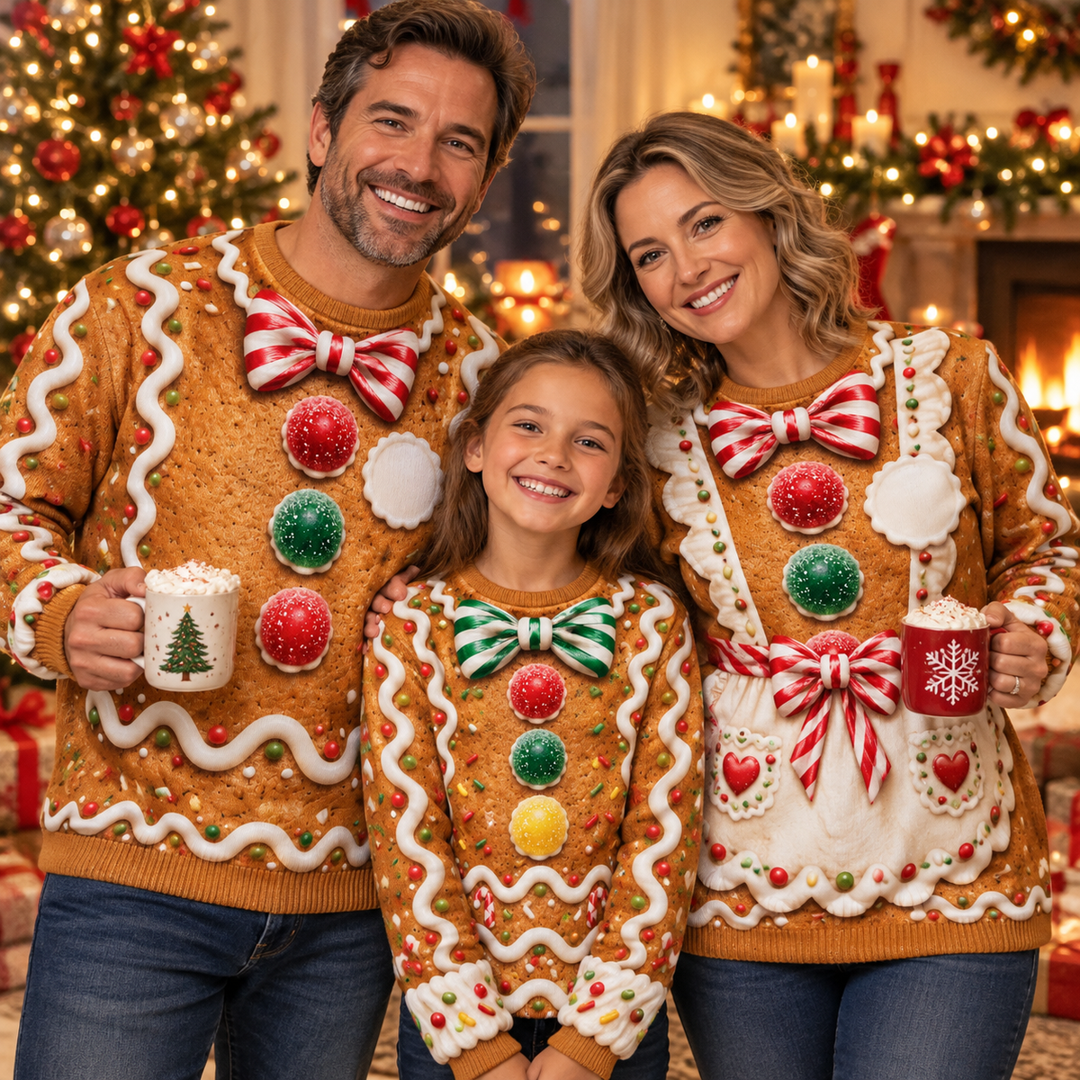 Family of three wearing matching gingerbread ugly Christmas sweaters