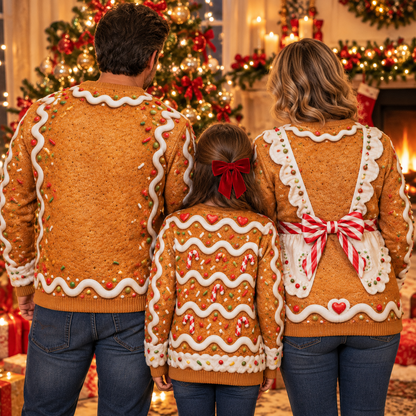 Back of the gingerbread family ugly Christmas sweaters