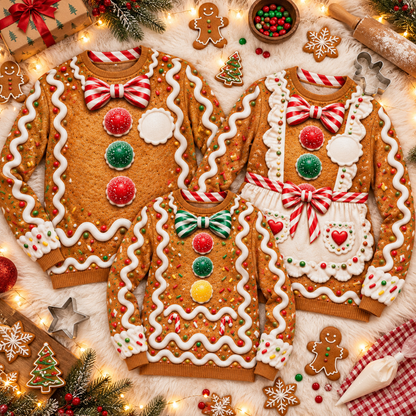 Three gingerbread ugly Christmas sweaters laid flat for Dad, Mom and Kid