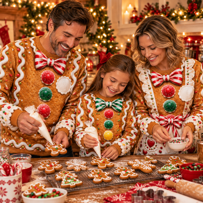 Family baking gingerbread cookies in matching gingerbread ugly sweaters