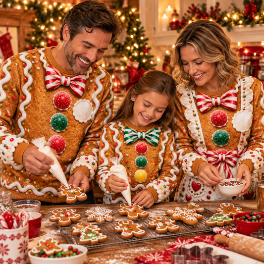 Family baking gingerbread cookies in matching gingerbread ugly sweaters