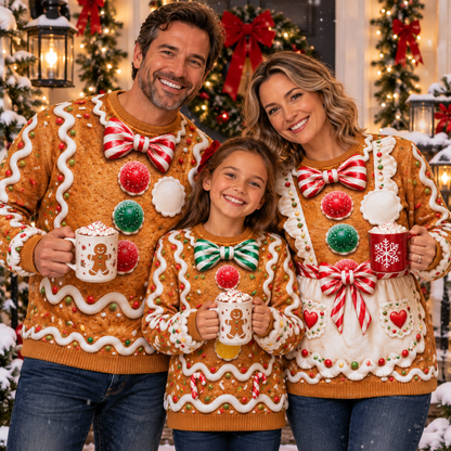 Family Christmas photo in matching gingerbread ugly sweaters
