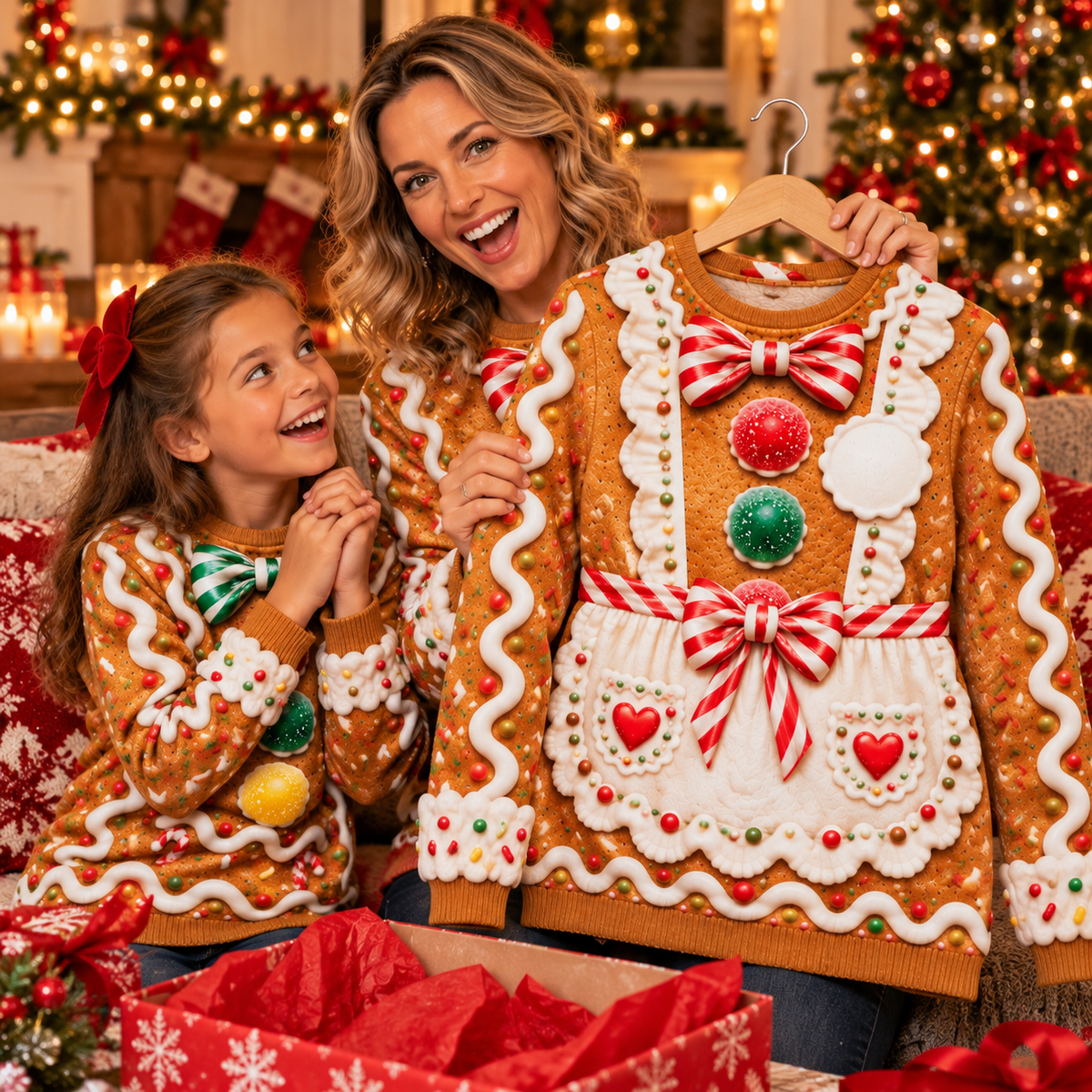 Opening gingerbread family ugly Christmas sweaters as gifts