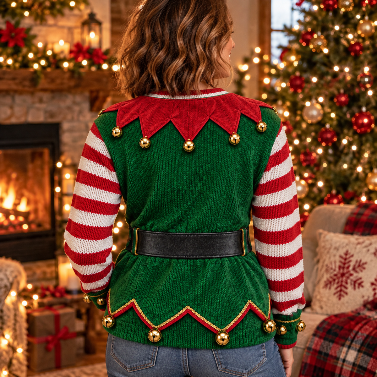 Back of the green elf costume ugly Christmas sweater