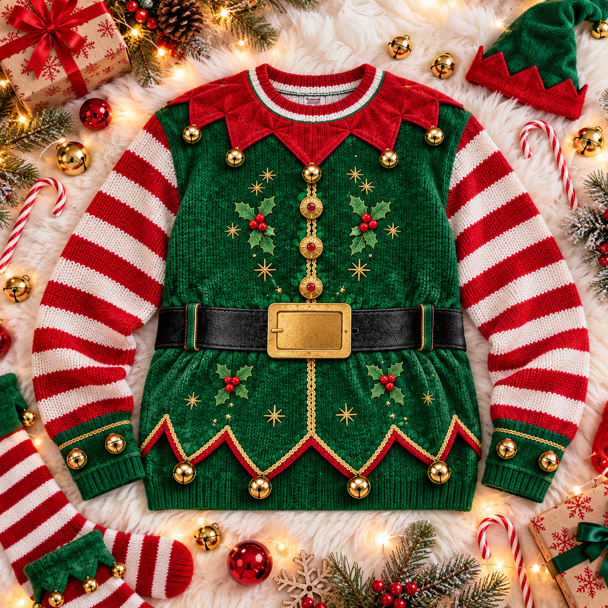 Elf costume ugly Christmas sweater laid flat with holiday decorations