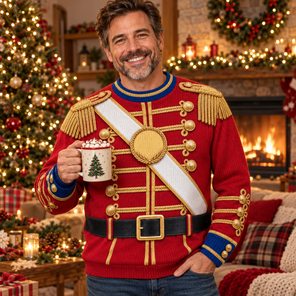 Man wearing a nutcracker soldier ugly Christmas sweater in a festive living room