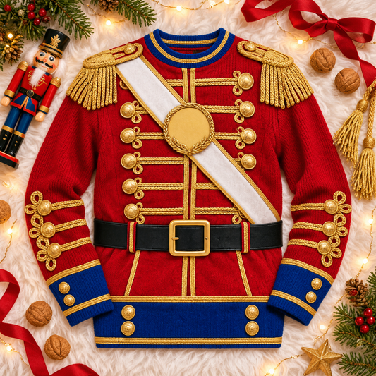Nutcracker soldier ugly Christmas sweater laid flat with holiday decorations