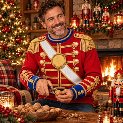 Man in a nutcracker ugly Christmas sweater relaxing by the fireplace