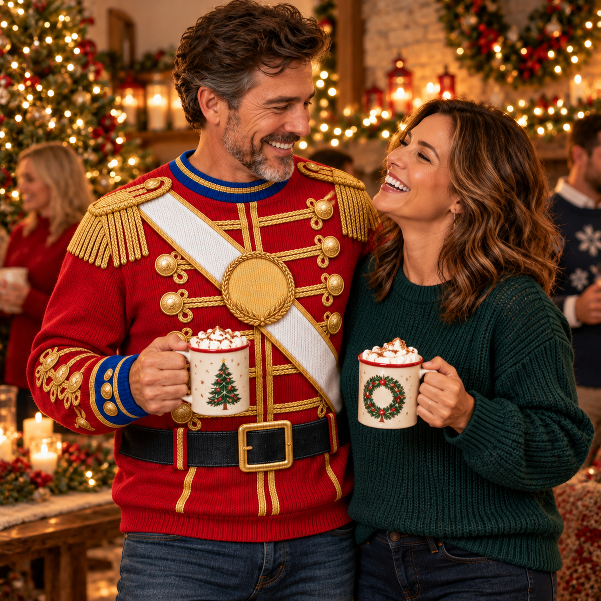 Couple at a Christmas party with husband in a nutcracker ugly sweater