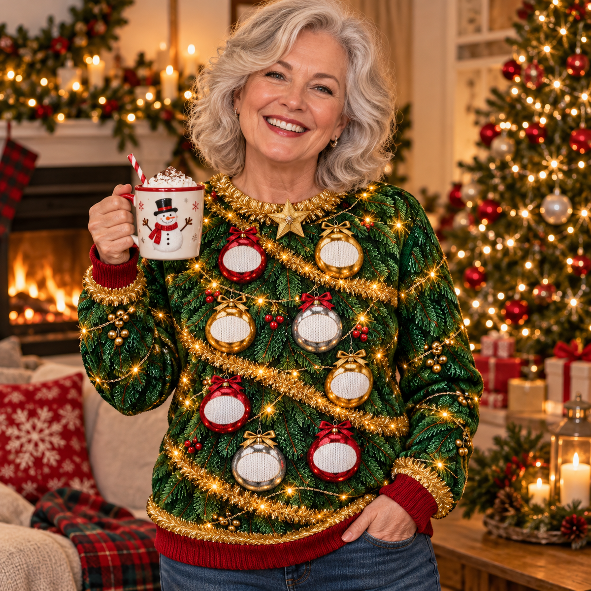 Grandma wearing a glam Christmas tree ugly sweater in a cozy living room