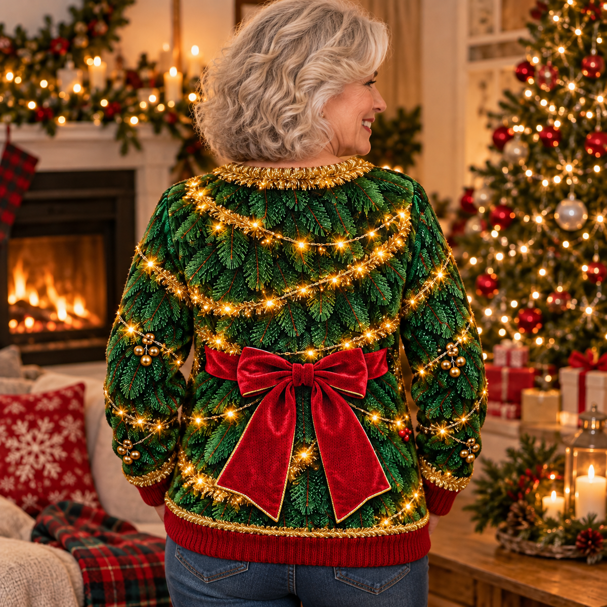 Back of the Christmas tree ugly sweater with string lights and red bow