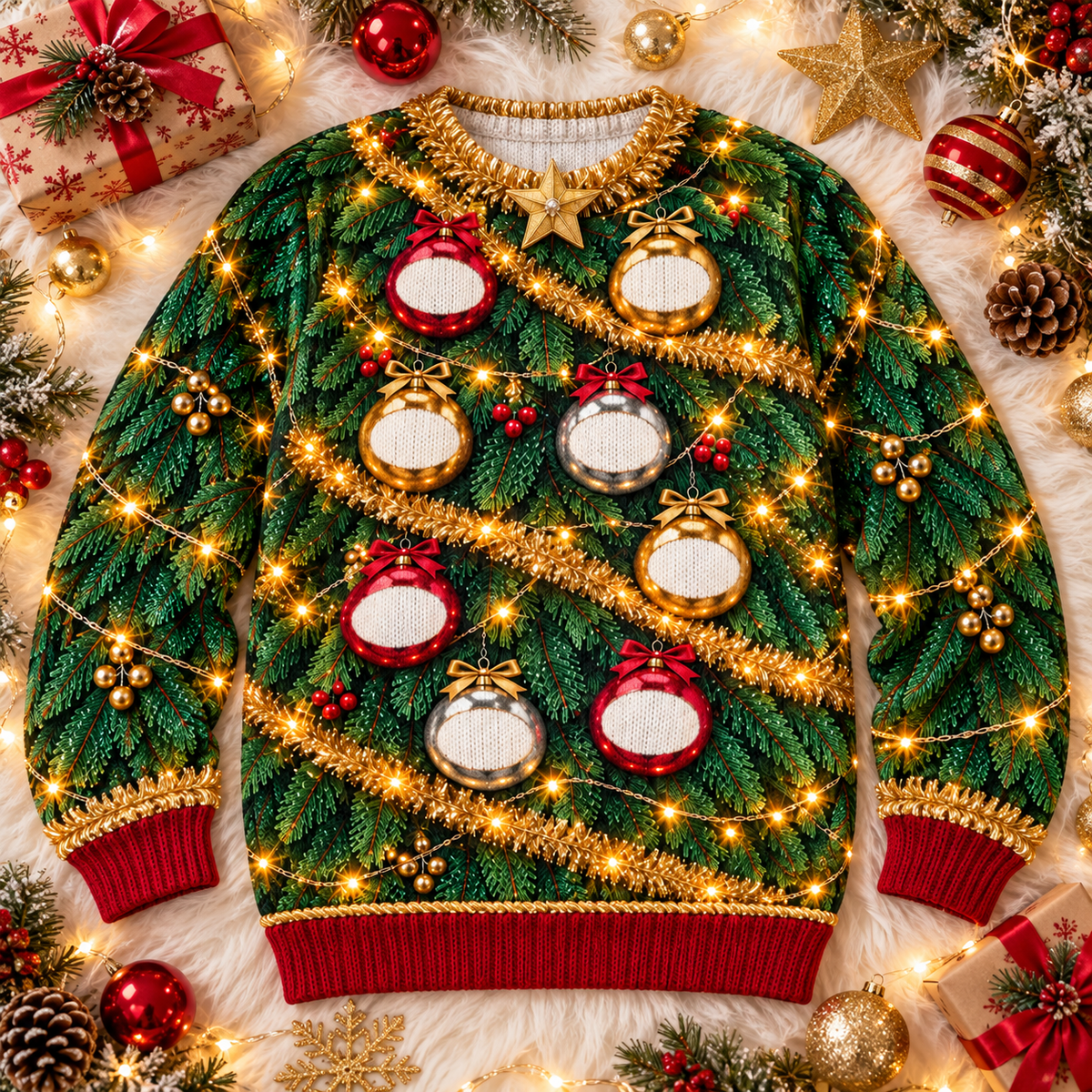Christmas tree ugly sweater laid flat with ornaments and holiday decor