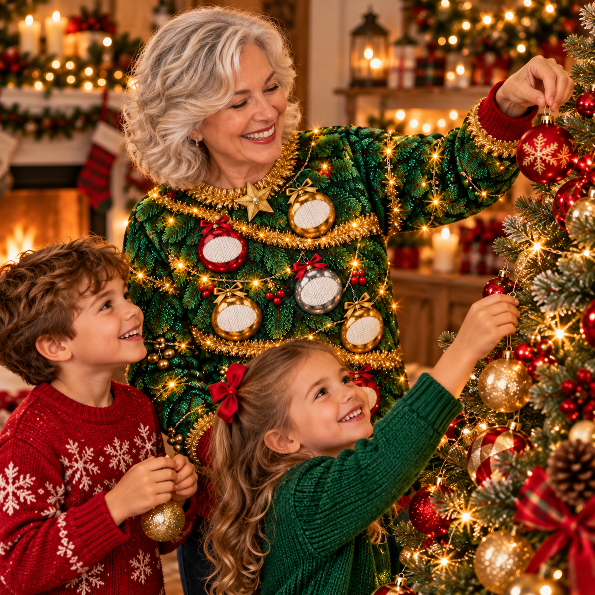 Grandma in a Christmas tree ugly sweater decorating the tree with her grandkids