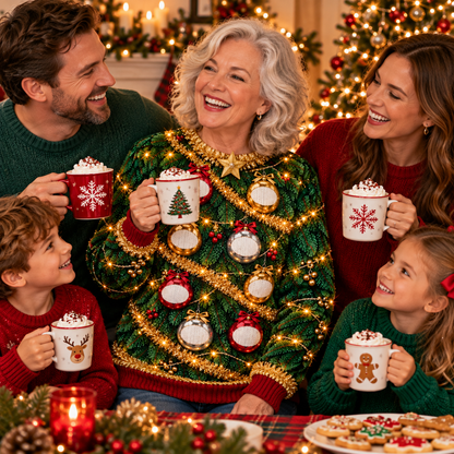 Family Christmas gathering with Grandma in a Christmas tree ugly sweater