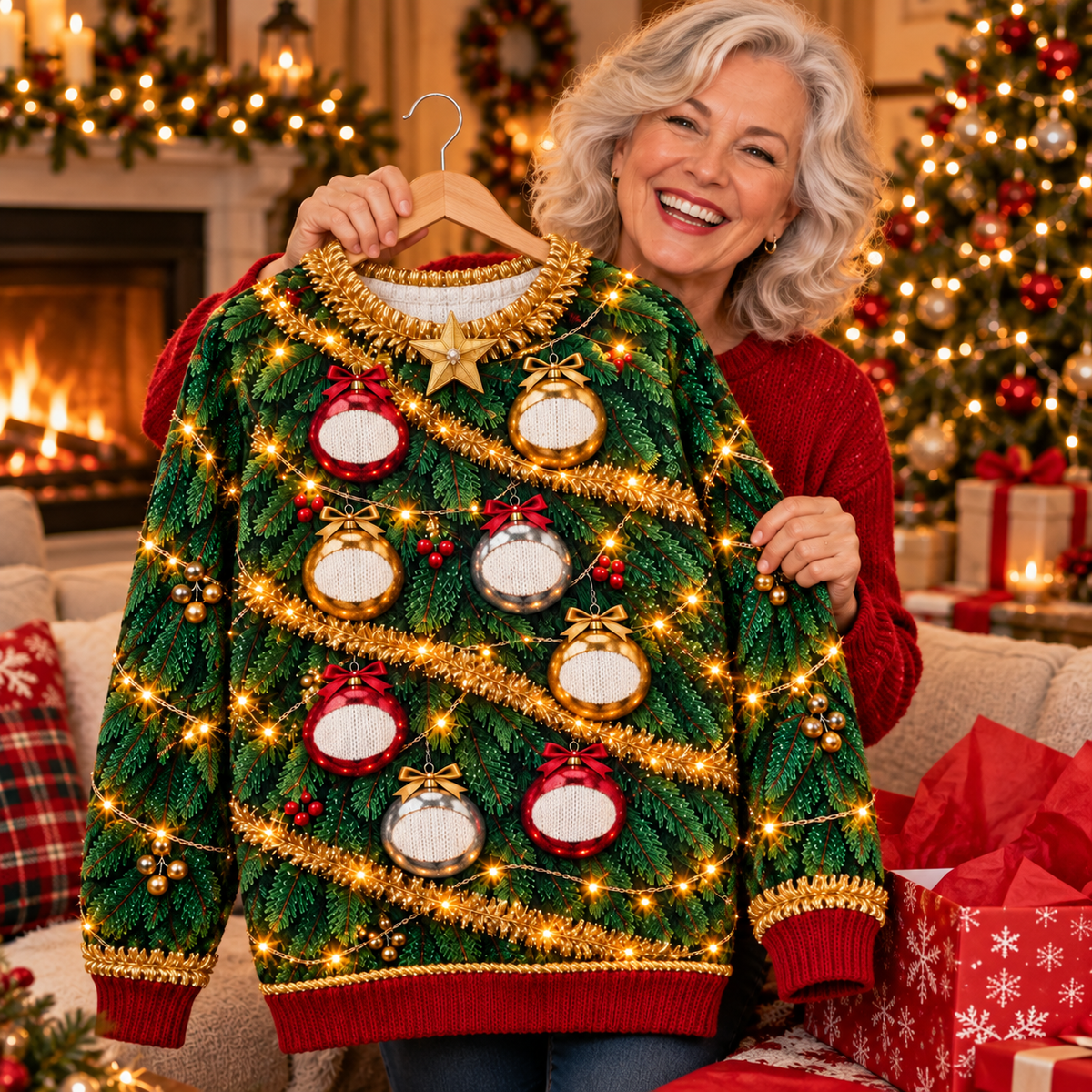 Opening a Christmas tree ugly sweater as a Christmas gift