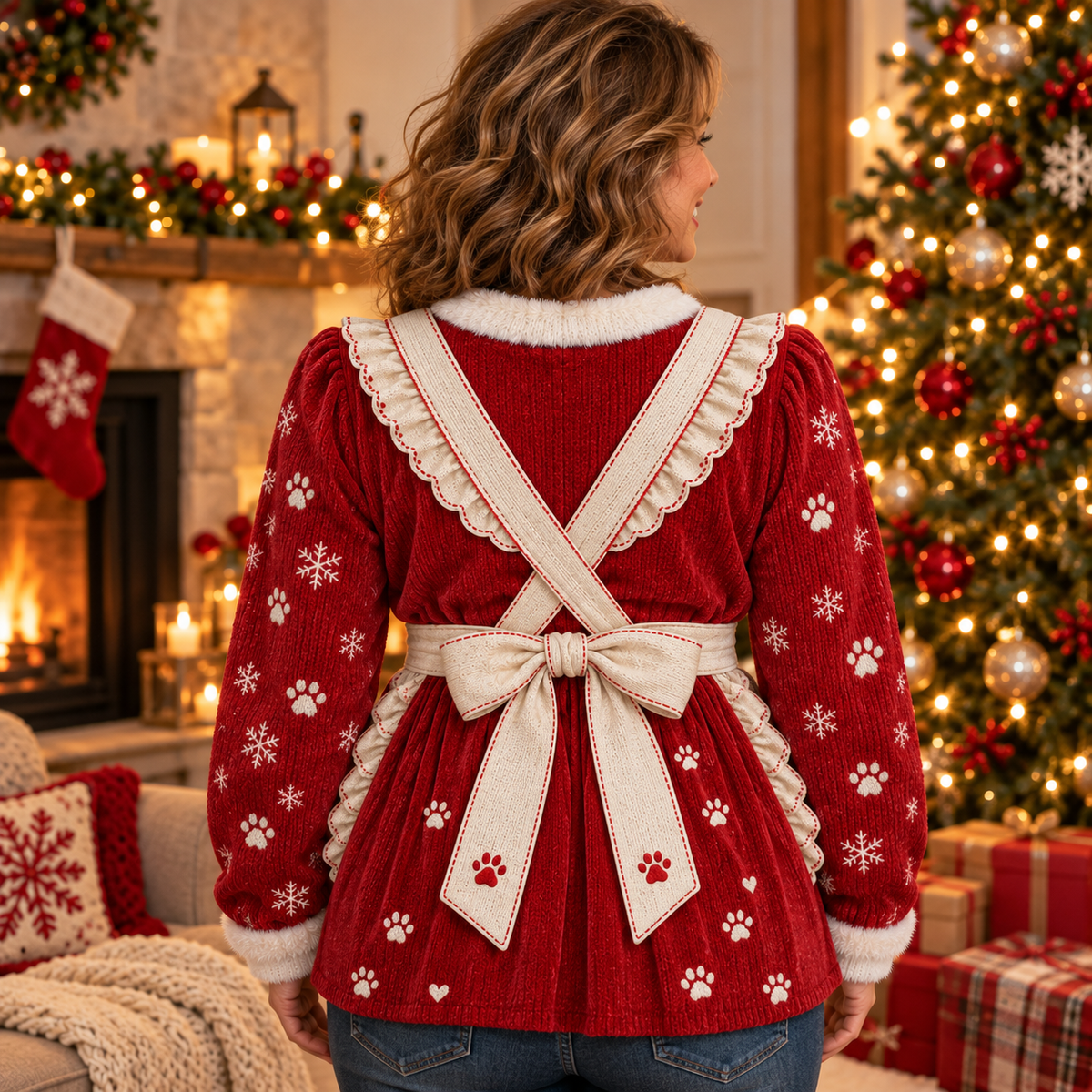 Back of the Mrs. Claus apron ugly Christmas sweater