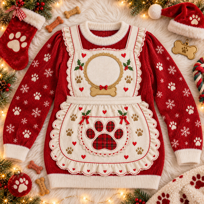 Dog mom Mrs. Claus ugly Christmas sweater laid flat with holiday decor