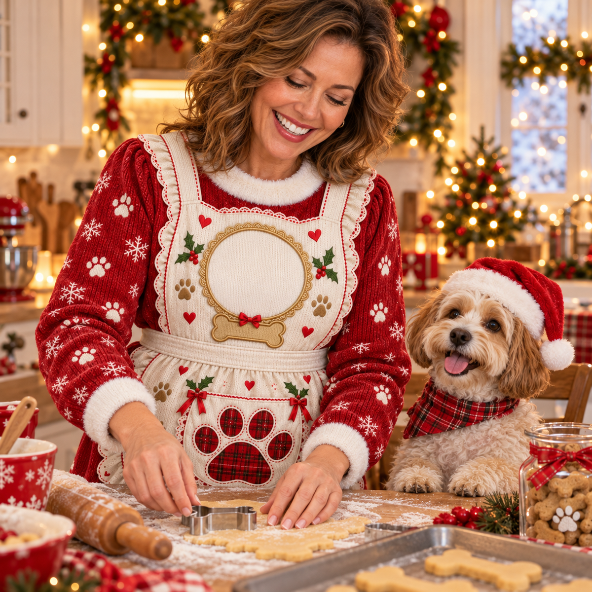 Baking Christmas cookies with a dog in a Mrs. Claus ugly sweater
