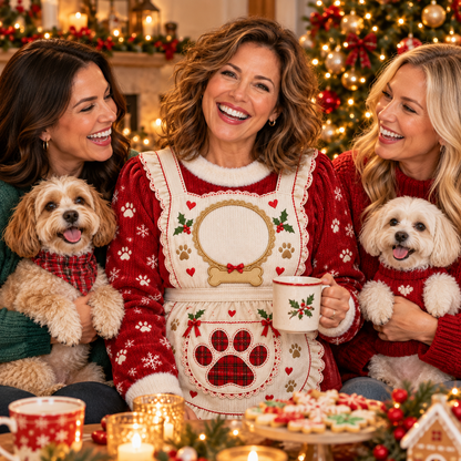 Dog moms with their dogs wearing Mrs. Claus apron ugly Christmas sweaters