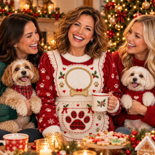 Dog moms with their dogs wearing Mrs. Claus apron ugly Christmas sweaters