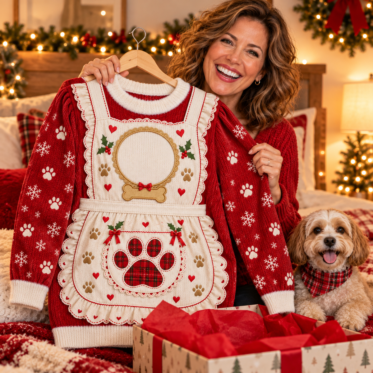 Opening a dog mom Mrs. Claus ugly Christmas sweater as a gift